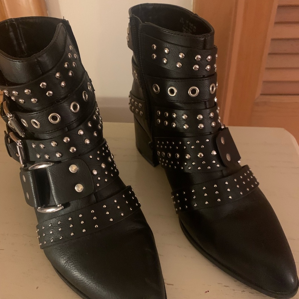 Black Studded Strappy Ankle Boots - Women's